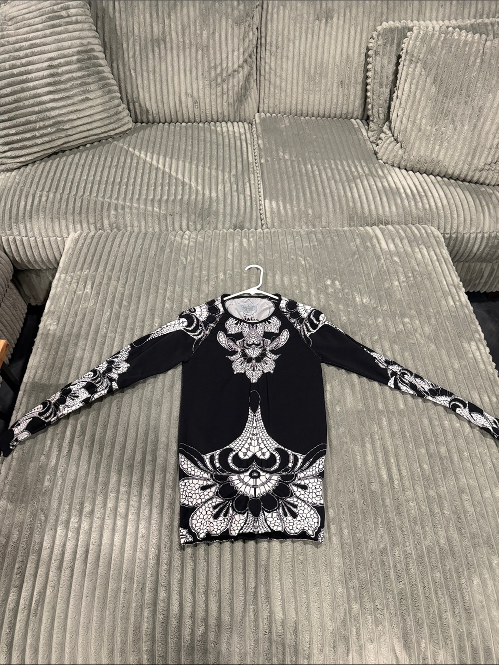 Athleta Black Athletic Shirt with White Ornamental Print